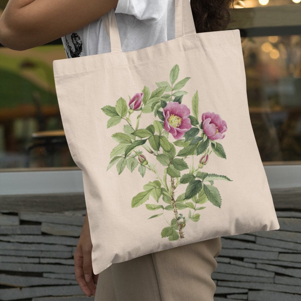 Prickly Wild Rose Vintage Watercolor Floral Print Graphic Canvas Tote Bag